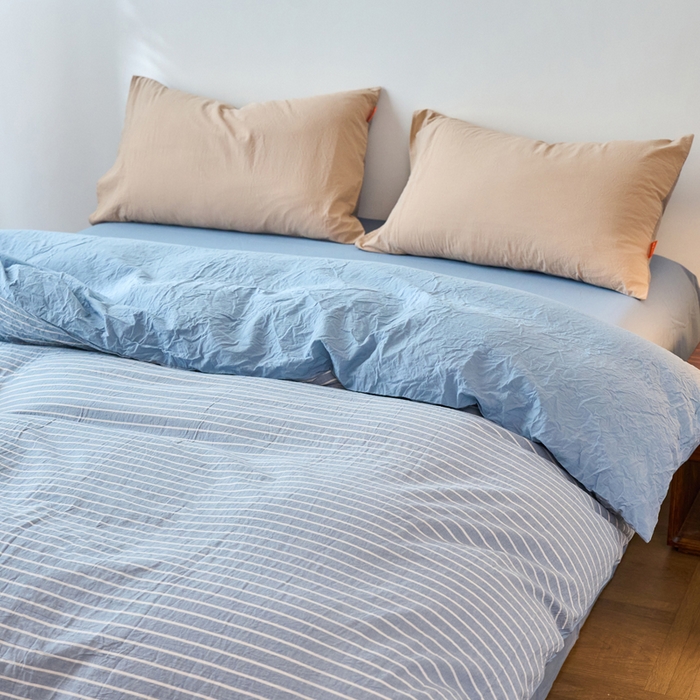 91家纺网 家纺一手货源 找家纺 春皖家纺 2026春夏新款全棉纯棉水洗棉单被套被套单件单品被套 素雅-蓝条