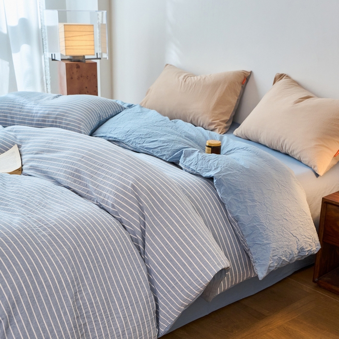 91家纺网 家纺一手货源 找家纺 春皖家纺 2026春夏新款全棉纯棉水洗棉单被套被套单件单品被套 素雅-蓝条