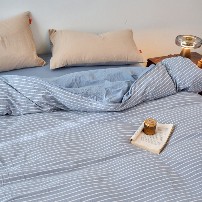 91家纺网 家纺一手货源 找家纺 春皖家纺 2026春夏新款全棉纯棉水洗棉单被套被套单件单品被套 素雅-蓝条