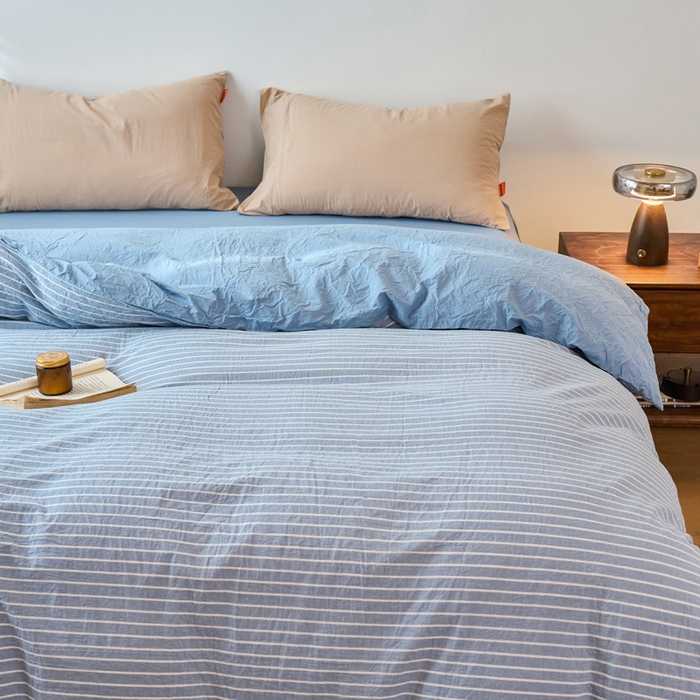 91家纺网 家纺一手货源 找家纺 春皖家纺 2026春夏新款全棉纯棉水洗棉单被套被套单件单品被套 素雅-蓝条