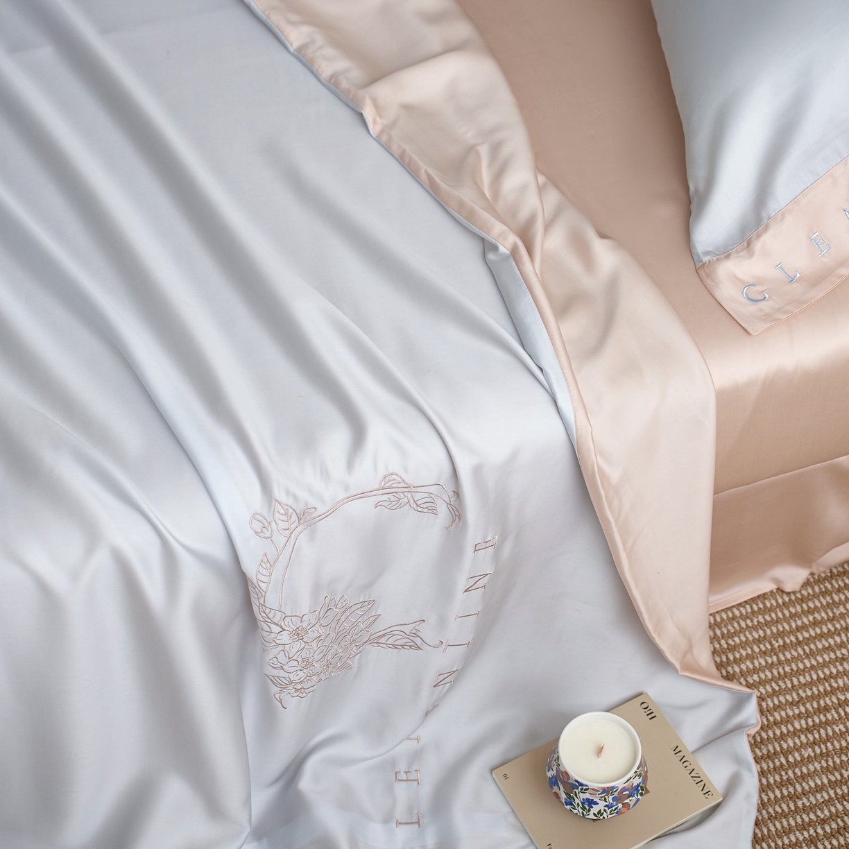 91家纺网 家纺一手货源 找家纺 爱缦 2026新款60s兰精天丝四件套-马吉拉系列-风格一 蓝米杏