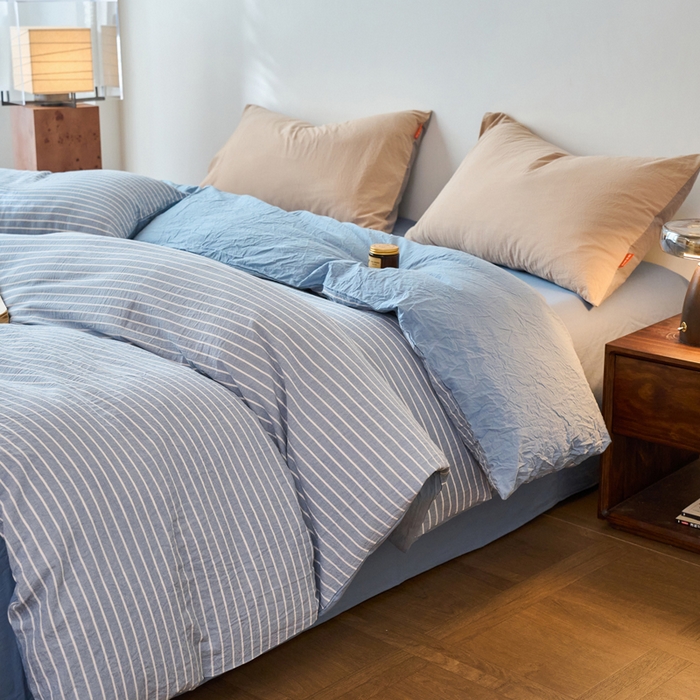 91家纺网 家纺一手货源 找家纺 春皖家纺 2026春夏新款全棉纯棉水洗棉单被套被套单件单品被套 素雅-蓝条