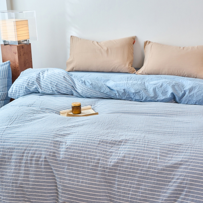 91家纺网 家纺一手货源 找家纺 春皖家纺 2026春夏新款全棉纯棉水洗棉单被套被套单件单品被套 素雅-蓝条