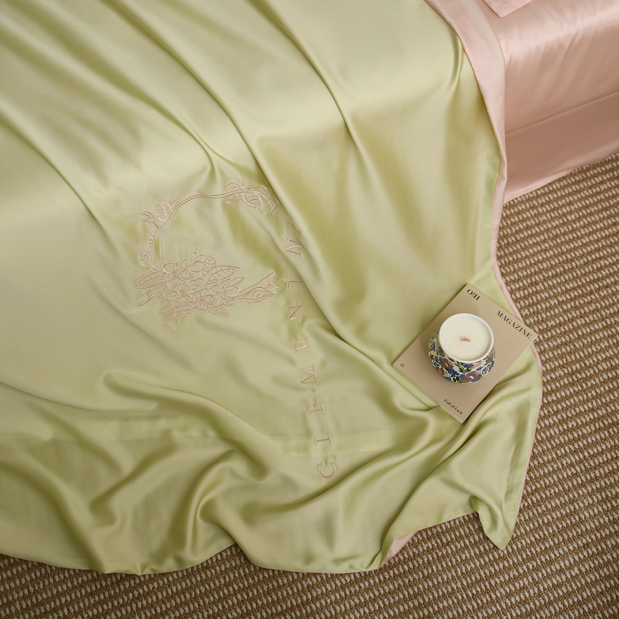 91家纺网 家纺一手货源 找家纺 爱缦 2026新款60s兰精天丝四件套-马吉拉系列-风格一 绿精灵