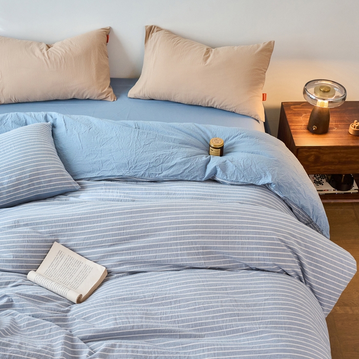 91家纺网 家纺一手货源 找家纺 春皖家纺 2026春夏新款全棉纯棉水洗棉单被套被套单件单品被套 素雅-蓝条