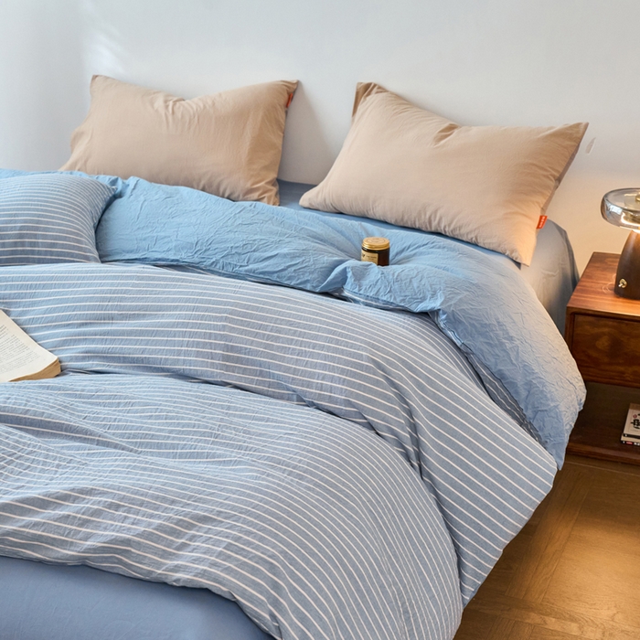 91家纺网 家纺一手货源 找家纺 春皖家纺 2026春夏新款全棉纯棉水洗棉单被套被套单件单品被套 素雅-蓝条