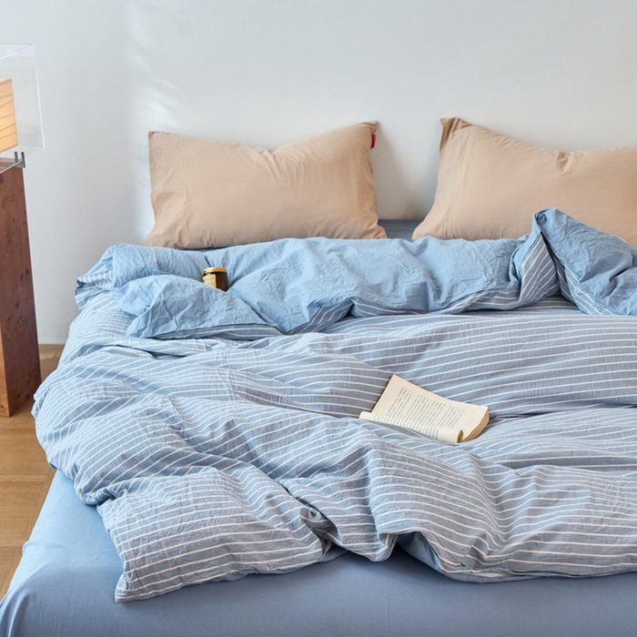 91家纺网 家纺一手货源 找家纺 春皖家纺 2026春夏新款全棉纯棉水洗棉单被套被套单件单品被套 素雅-蓝条