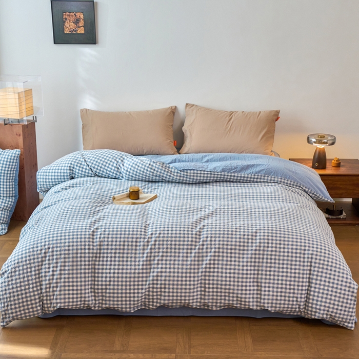春皖家纺 2026春夏新款全棉纯棉水洗棉单被套被套单件单品被套 素雅-蓝小格