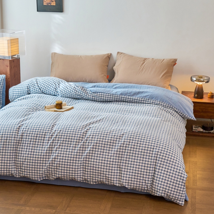 91家纺网 家纺一手货源 找家纺 春皖家纺 2026春夏新款全棉纯棉水洗棉单被套被套单件单品被套 素雅-蓝小格