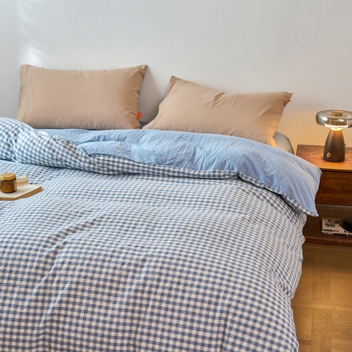 91家纺网 家纺一手货源 找家纺 春皖家纺 2026春夏新款全棉纯棉水洗棉单被套被套单件单品被套 素雅-蓝小格