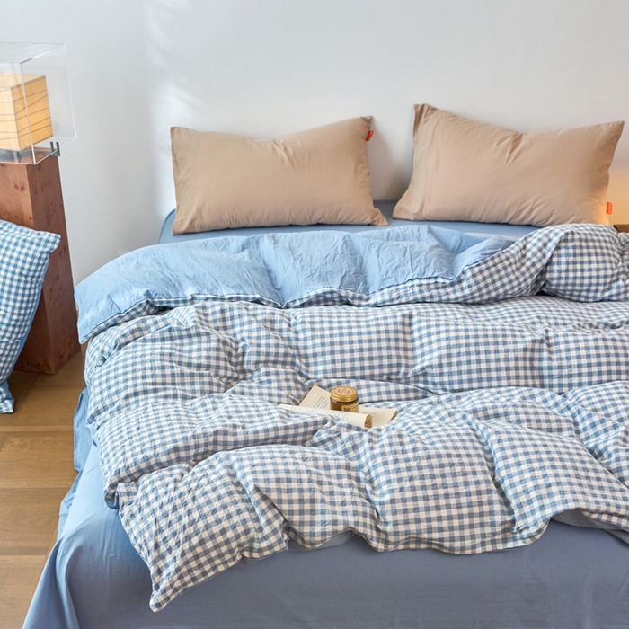 91家纺网 家纺一手货源 找家纺 春皖家纺 2026春夏新款全棉纯棉水洗棉单被套被套单件单品被套 素雅-蓝小格