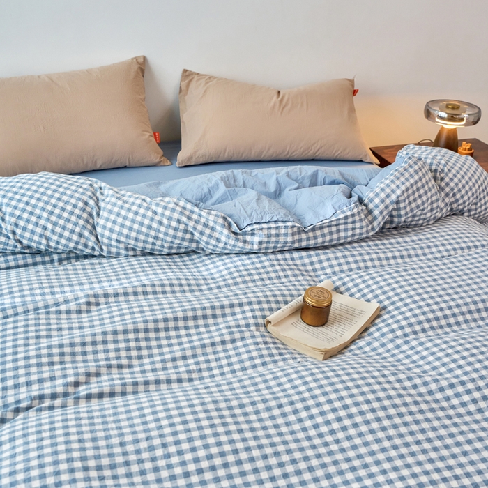 91家纺网 家纺一手货源 找家纺 春皖家纺 2026春夏新款全棉纯棉水洗棉单被套被套单件单品被套 素雅-蓝小格