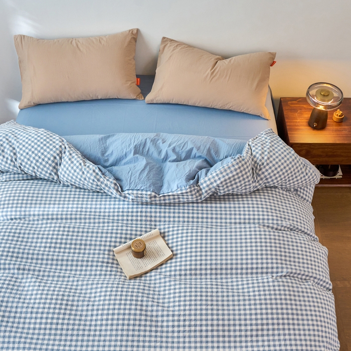 91家纺网 家纺一手货源 找家纺 春皖家纺 2026春夏新款全棉纯棉水洗棉单被套被套单件单品被套 素雅-蓝小格