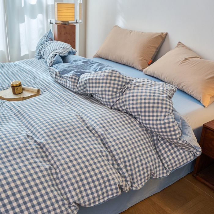 91家纺网 家纺一手货源 找家纺 春皖家纺 2026春夏新款全棉纯棉水洗棉单被套被套单件单品被套 素雅-蓝小格