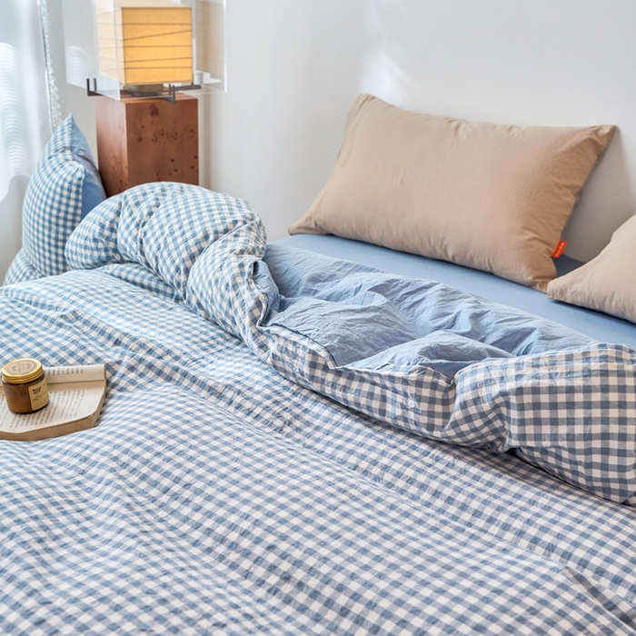 91家纺网 家纺一手货源 找家纺 春皖家纺 2026春夏新款全棉纯棉水洗棉单被套被套单件单品被套 素雅-蓝小格