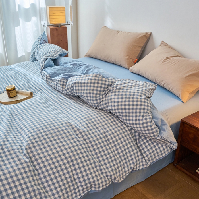 91家纺网 家纺一手货源 找家纺 春皖家纺 2026春夏新款全棉纯棉水洗棉单被套被套单件单品被套 素雅-蓝小格