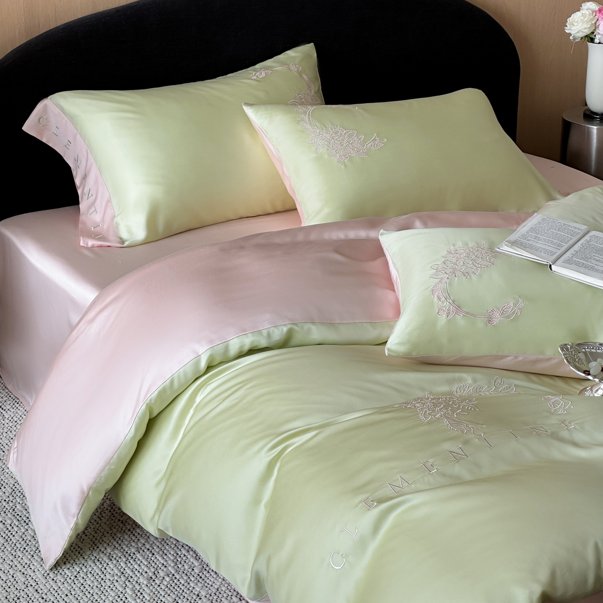 91家纺网 家纺一手货源 找家纺 爱缦 2026新款60s兰精天丝四件套-马吉拉系列-风格二 绿精灵