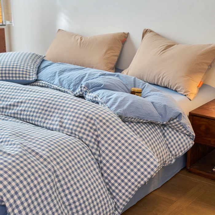 91家纺网 家纺一手货源 找家纺 春皖家纺 2026春夏新款全棉纯棉水洗棉单被套被套单件单品被套 素雅-蓝小格