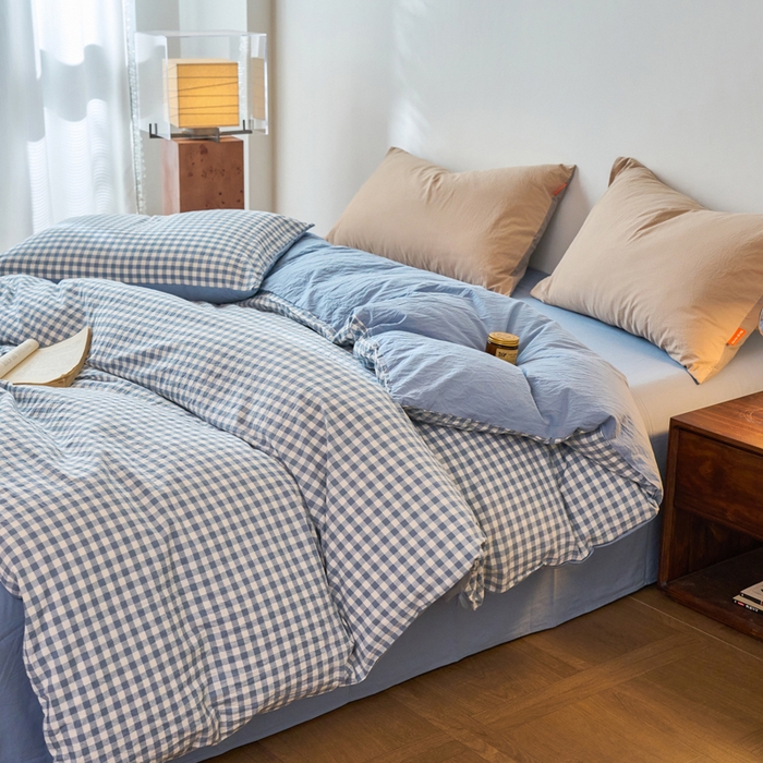 91家纺网 家纺一手货源 找家纺 春皖家纺 2026春夏新款全棉纯棉水洗棉单被套被套单件单品被套 素雅-蓝小格