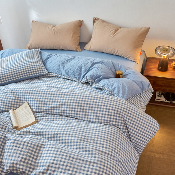 91家纺网 家纺一手货源 找家纺 春皖家纺 2026春夏新款全棉纯棉水洗棉单被套被套单件单品被套 素雅-蓝小格