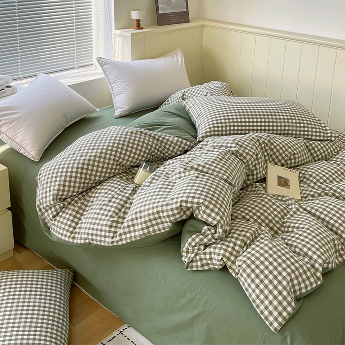 91家纺网 家纺一手货源 找家纺 春皖家纺 2026春夏新款全棉纯棉水洗棉单被套被套单件单品被套 素雅-绿格