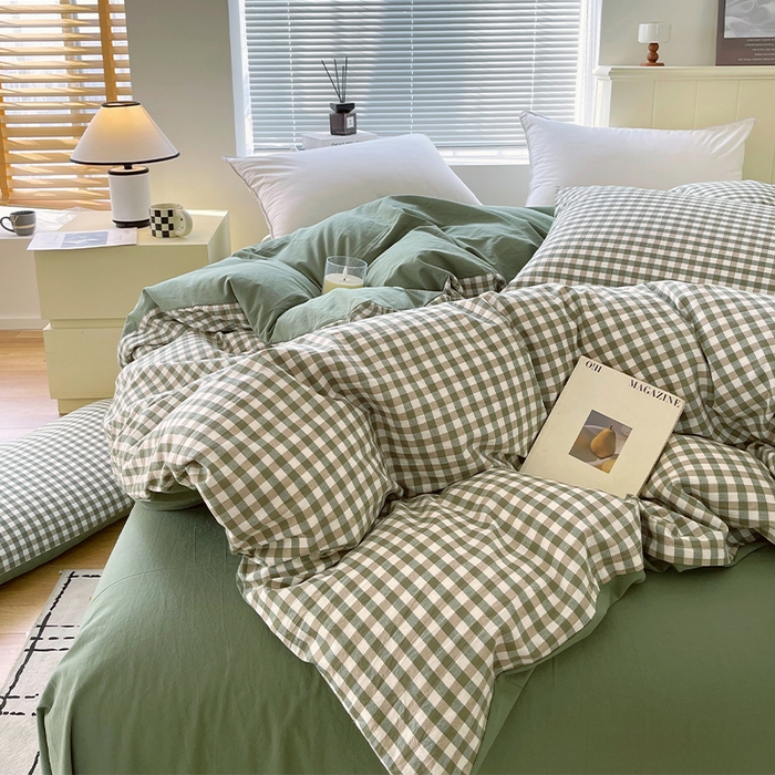 91家纺网 家纺一手货源 找家纺 春皖家纺 2026春夏新款全棉纯棉水洗棉单被套被套单件单品被套 素雅-绿格