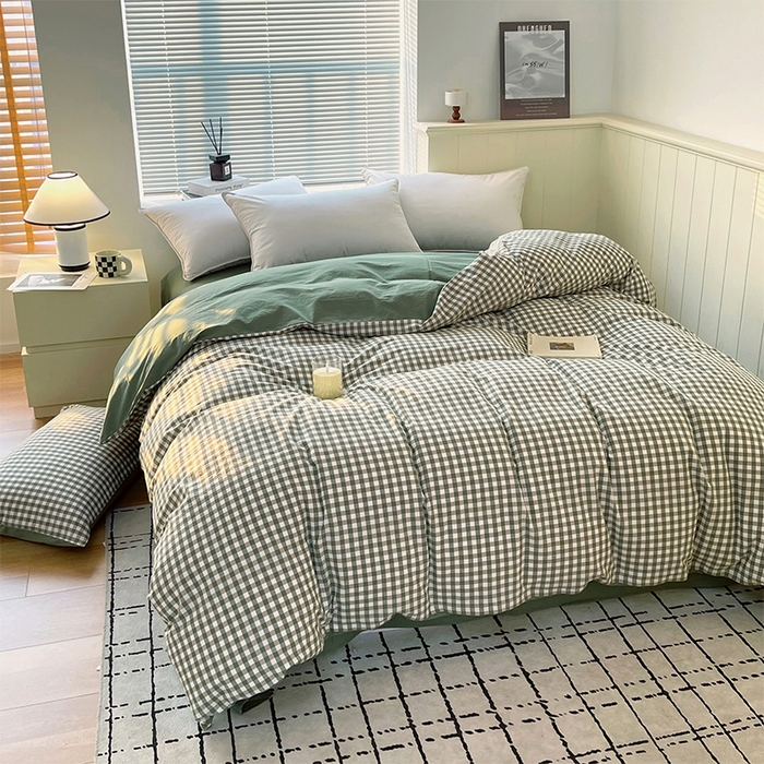 91家纺网 家纺一手货源 找家纺 春皖家纺 2026春夏新款全棉纯棉水洗棉单被套被套单件单品被套 素雅-绿格