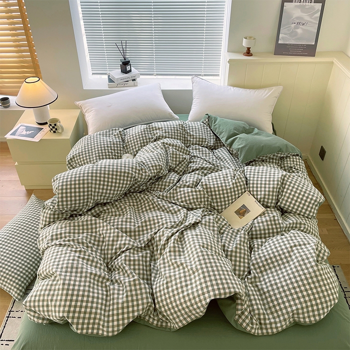 91家纺网 家纺一手货源 找家纺 春皖家纺 2026春夏新款全棉纯棉水洗棉单被套被套单件单品被套 素雅-绿格