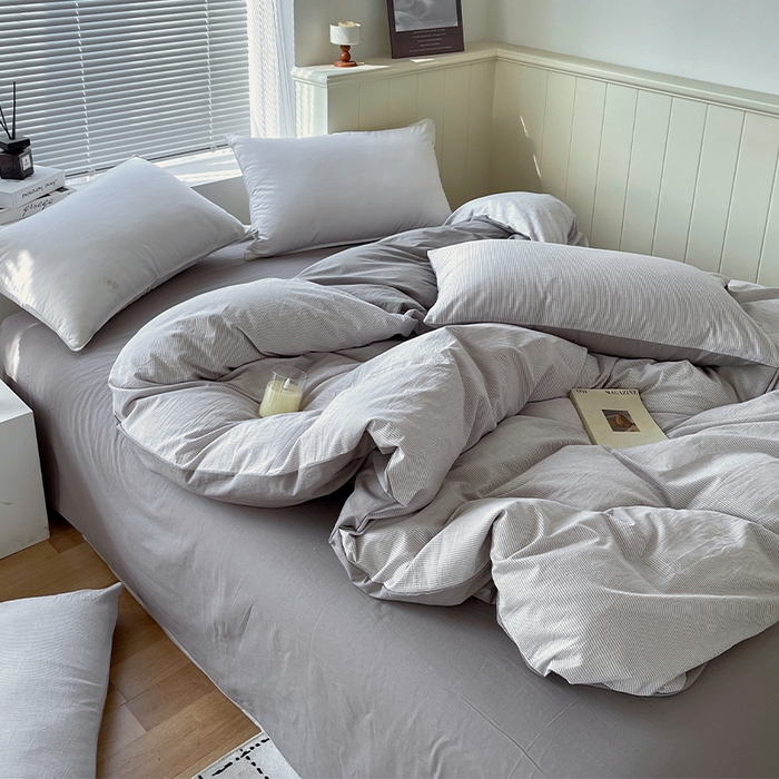 91家纺网 家纺一手货源 找家纺 春皖家纺 2026春夏新款全棉纯棉水洗棉单被套被套单件单品被套 细条灰