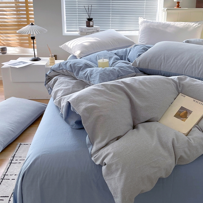 91家纺网 家纺一手货源 找家纺 春皖家纺 2026春夏新款全棉纯棉水洗棉单被套被套单件单品被套 细条蓝