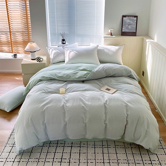 春皖家纺 2026春夏新款全棉纯棉水洗棉单被套被套单件单品被套 细条绿