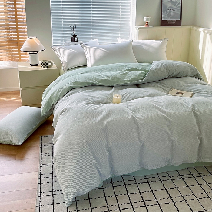 91家纺网 家纺一手货源 找家纺 春皖家纺 2026春夏新款全棉纯棉水洗棉单被套被套单件单品被套 细条绿