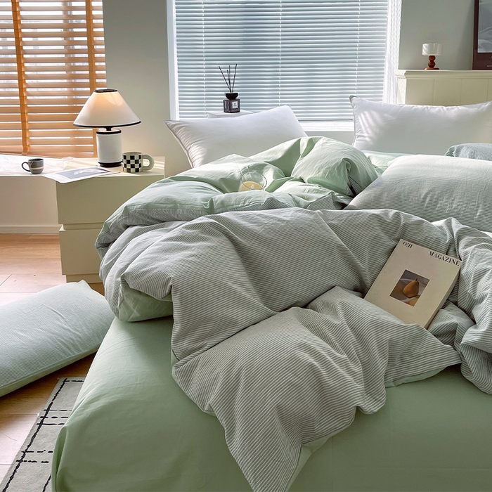 91家纺网 家纺一手货源 找家纺 春皖家纺 2026春夏新款全棉纯棉水洗棉单被套被套单件单品被套 细条绿