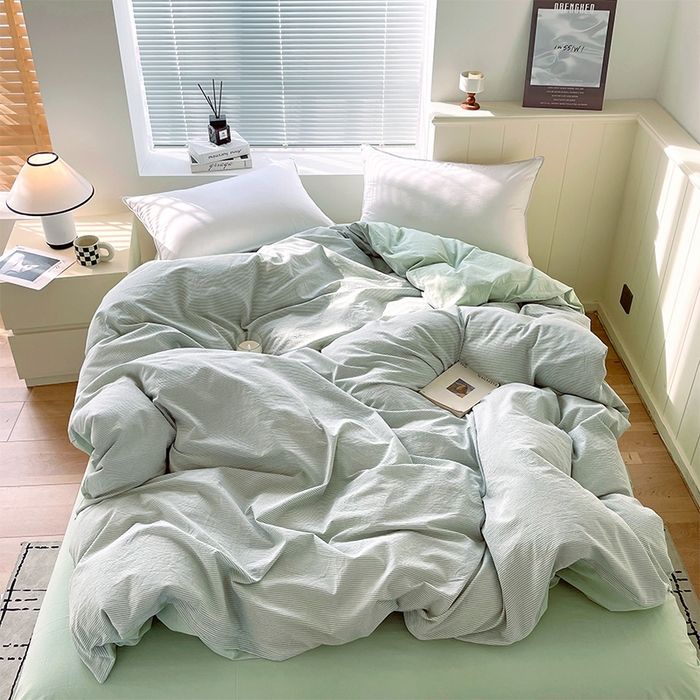 91家纺网 家纺一手货源 找家纺 春皖家纺 2026春夏新款全棉纯棉水洗棉单被套被套单件单品被套 细条绿