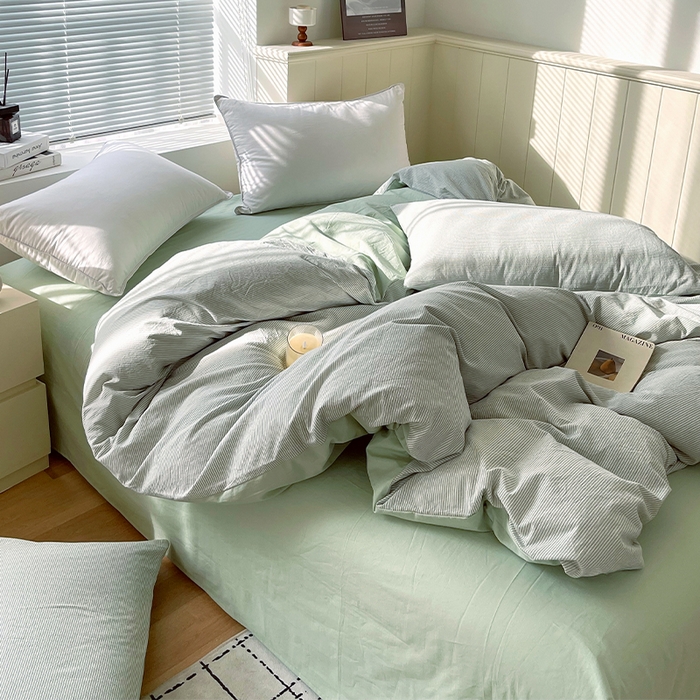 91家纺网 家纺一手货源 找家纺 春皖家纺 2026春夏新款全棉纯棉水洗棉单被套被套单件单品被套 细条绿