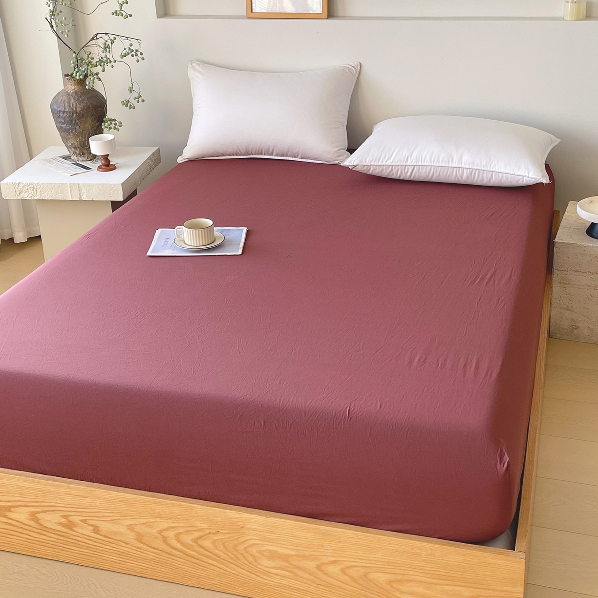 91家纺网 家纺一手货源 找家纺 春皖家纺 2026春夏新款全棉纯棉水洗棉单品系列床笠单件床笠单品-B版单床笠 可可红