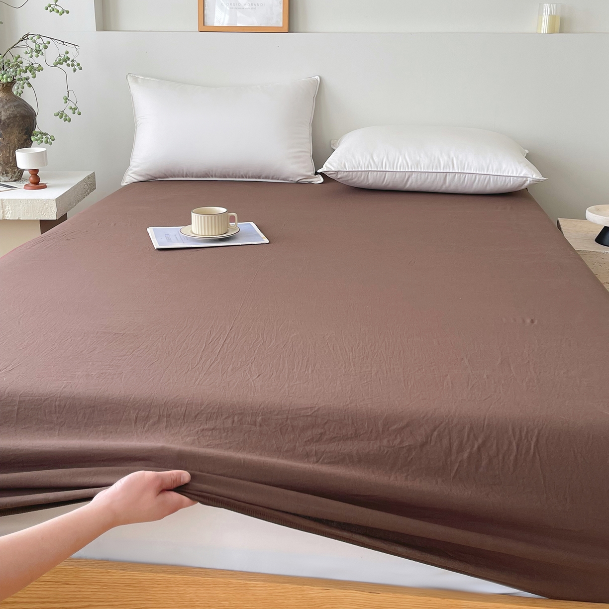 91家纺网 家纺一手货源 找家纺 春皖家纺 2026春夏新款全棉纯棉水洗棉单品系列床笠单件床笠单品-B版单床笠 慕斯棕