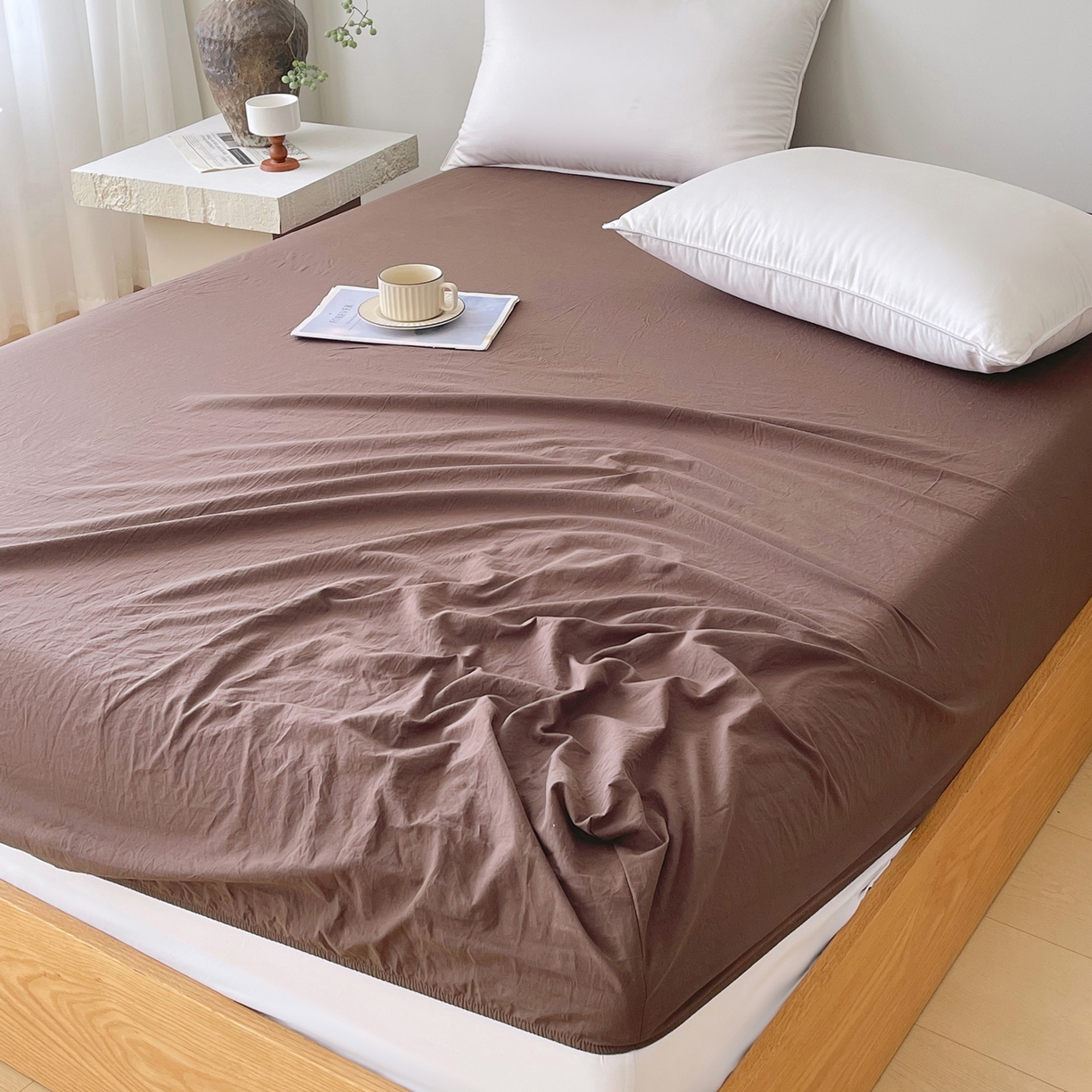 91家纺网 家纺一手货源 找家纺 春皖家纺 2026春夏新款全棉纯棉水洗棉单品系列床笠单件床笠单品-B版单床笠 慕斯棕