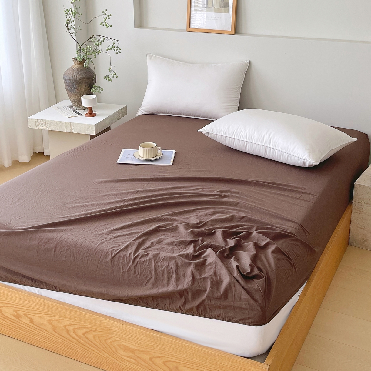 91家纺网 家纺一手货源 找家纺 春皖家纺 2026春夏新款全棉纯棉水洗棉单品系列床笠单件床笠单品-B版单床笠 慕斯棕