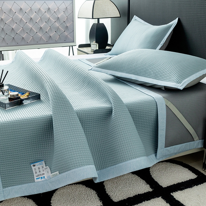 91家纺网 家纺一手货源 找家纺 安哆啦家纺 2026新款480克高端PE冰豆豆软凉席席子 华夫格-冰川蓝