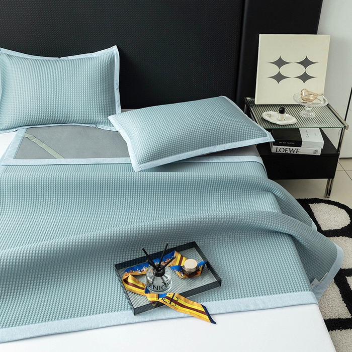 91家纺网 家纺一手货源 找家纺 安哆啦家纺 2026新款480克高端PE冰豆豆软凉席席子 华夫格-冰川蓝