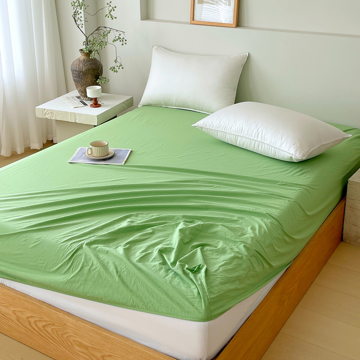 91家纺网 家纺一手货源 找家纺 春皖家纺 2026春夏新款全棉纯棉水洗棉单品系列床笠单件床笠单品-B版单床笠 青草绿