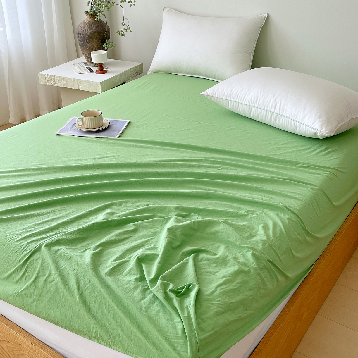 91家纺网 家纺一手货源 找家纺 春皖家纺 2026春夏新款全棉纯棉水洗棉单品系列床笠单件床笠单品-B版单床笠 青草绿