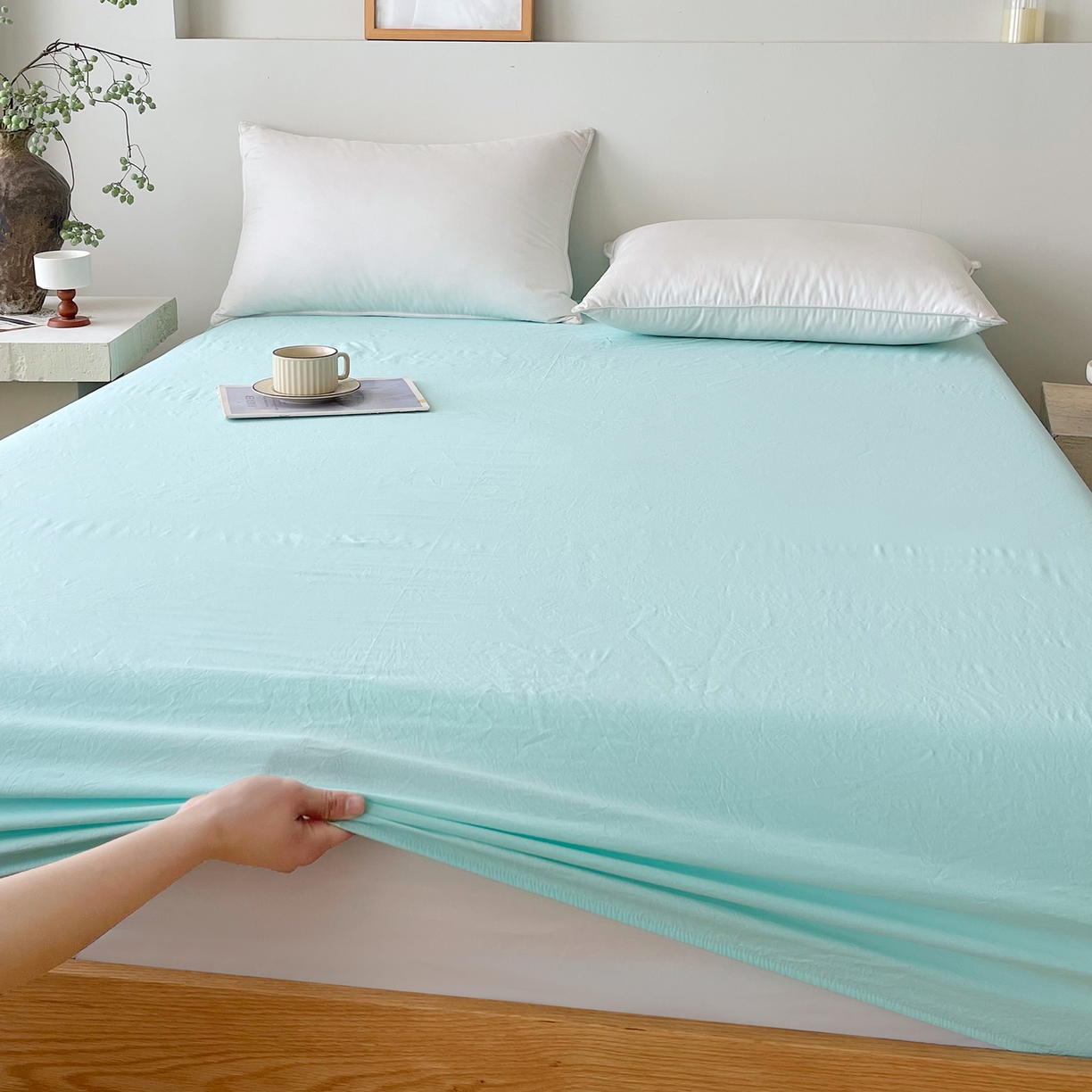 91家纺网 家纺一手货源 找家纺 春皖家纺 2026春夏新款全棉纯棉水洗棉单品系列床笠单件床笠单品-B版单床笠 素雅翠兰