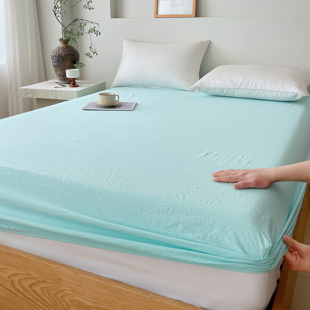 91家纺网 家纺一手货源 找家纺 春皖家纺 2026春夏新款全棉纯棉水洗棉单品系列床笠单件床笠单品-B版单床笠 素雅翠兰