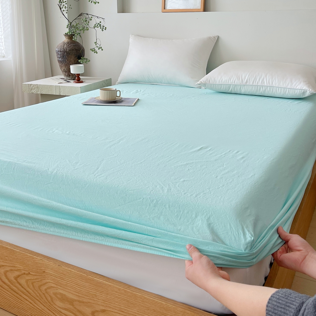 91家纺网 家纺一手货源 找家纺 春皖家纺 2026春夏新款全棉纯棉水洗棉单品系列床笠单件床笠单品-B版单床笠 素雅翠兰