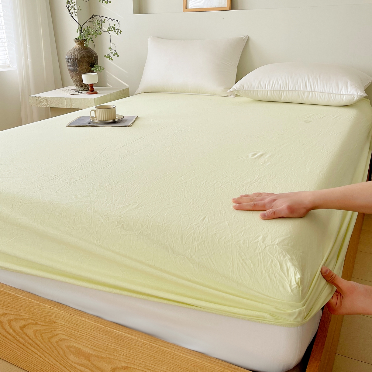 91家纺网 家纺一手货源 找家纺 春皖家纺 2026春夏新款全棉纯棉水洗棉单品系列床笠单件床笠单品-B版单床笠 素雅淡黄