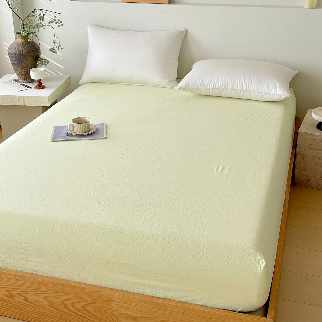 91家纺网 家纺一手货源 找家纺 春皖家纺 2026春夏新款全棉纯棉水洗棉单品系列床笠单件床笠单品-B版单床笠 素雅淡黄