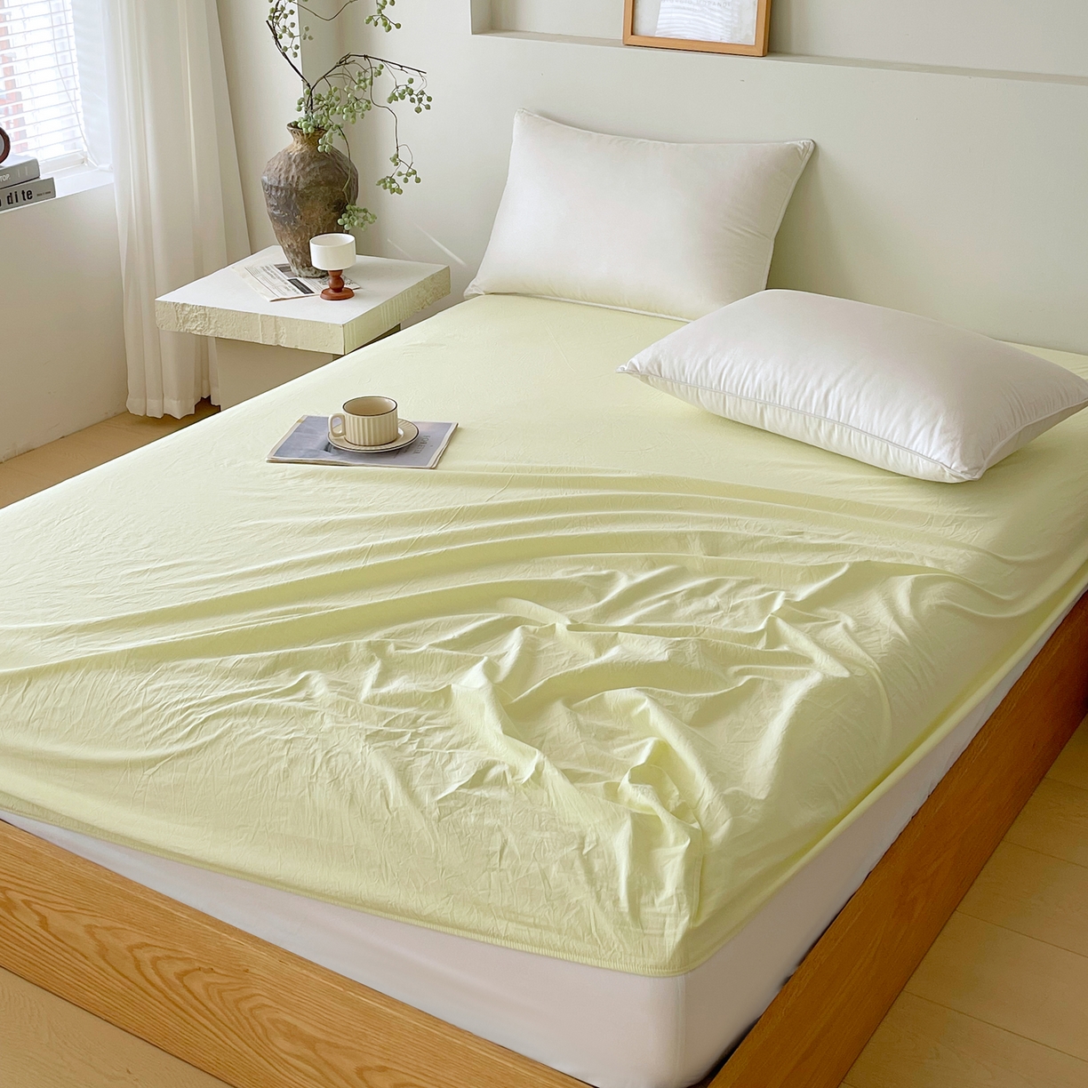 91家纺网 家纺一手货源 找家纺 春皖家纺 2026春夏新款全棉纯棉水洗棉单品系列床笠单件床笠单品-B版单床笠 素雅淡黄