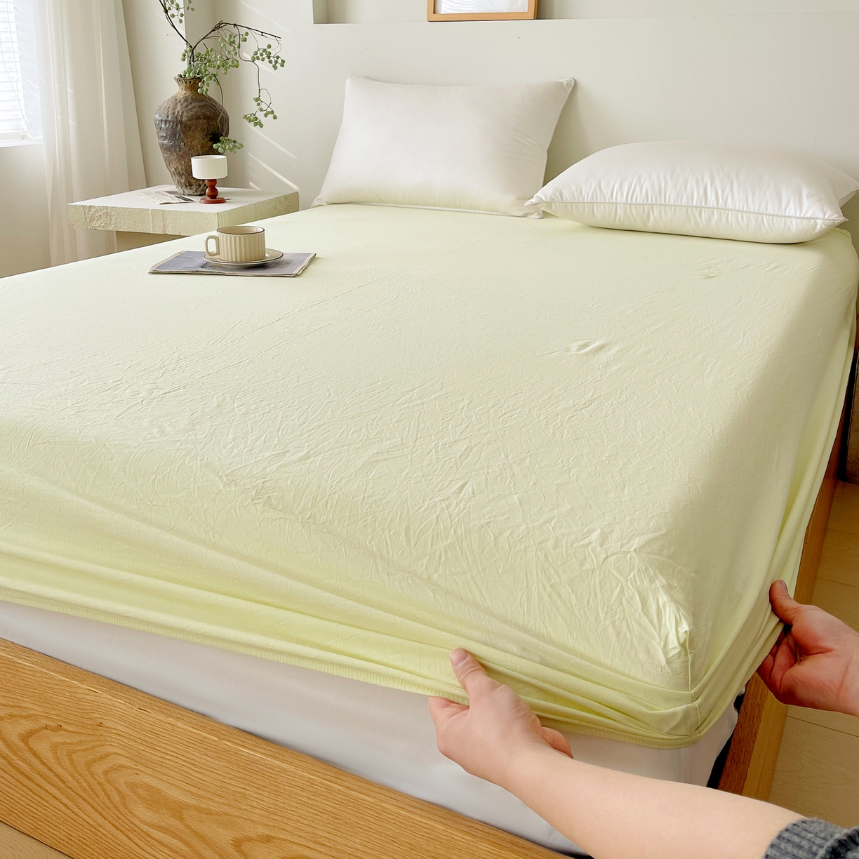 91家纺网 家纺一手货源 找家纺 春皖家纺 2026春夏新款全棉纯棉水洗棉单品系列床笠单件床笠单品-B版单床笠 素雅淡黄